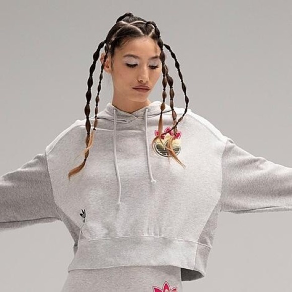 Adidas Grey Logo Play Cropped Hoodie Size L - Picture 1 of 10